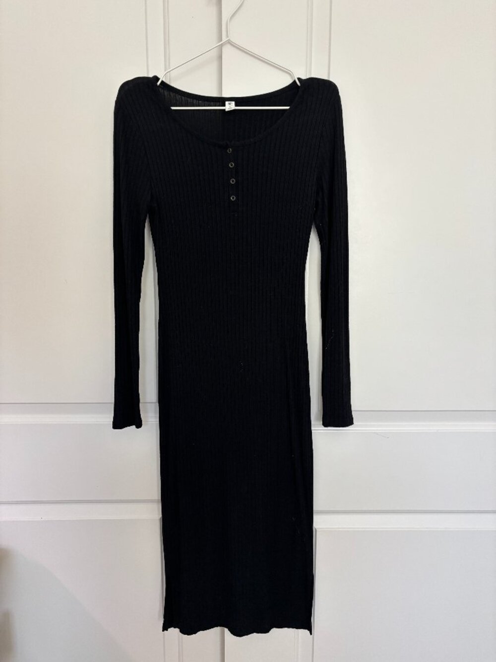 BP. Black Ribbed Midi Dress Long Sleeve, Side Slit, S
